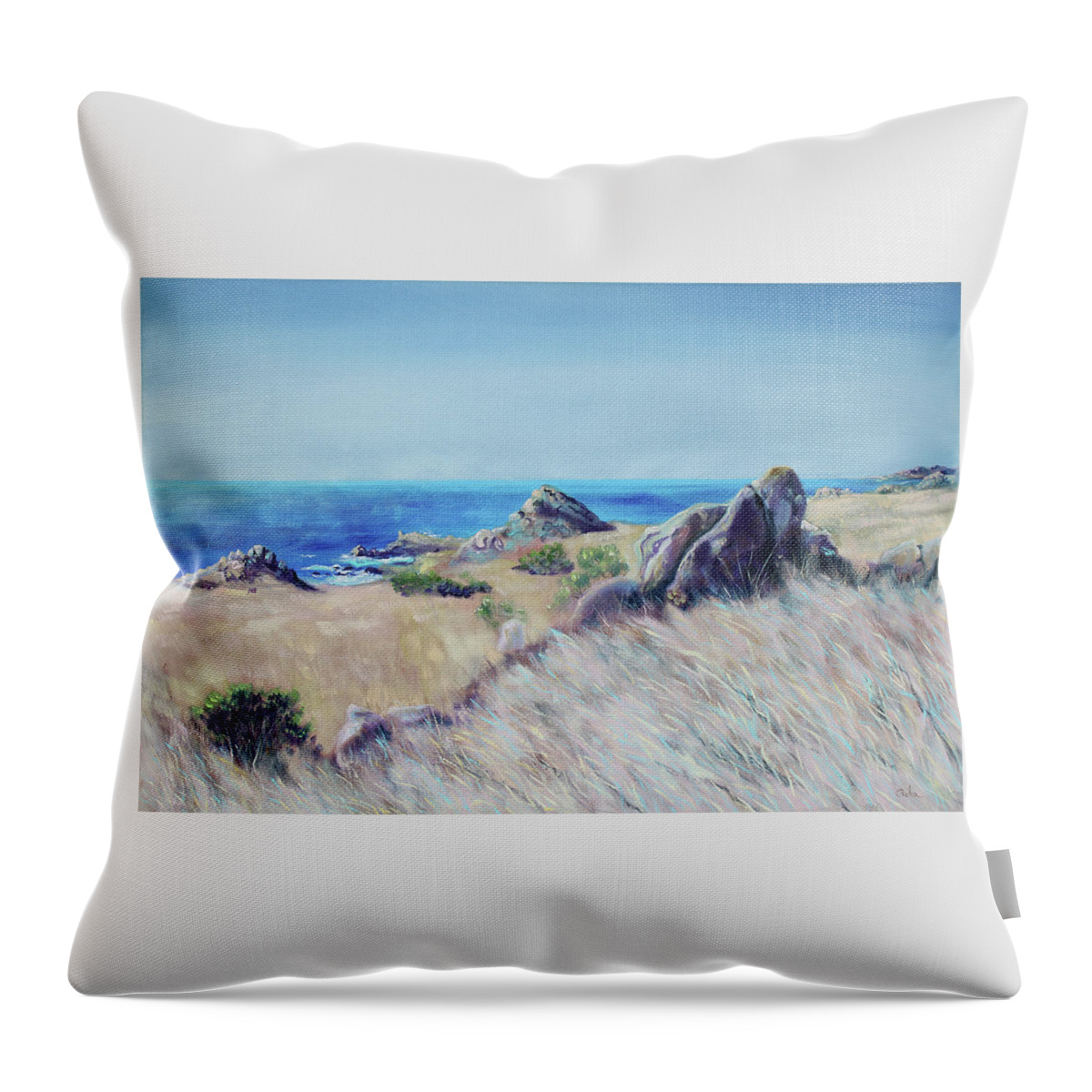 Seascape Painting Throw Pillow featuring the painting Fields with Rocks and Sea by Asha Carolyn Young