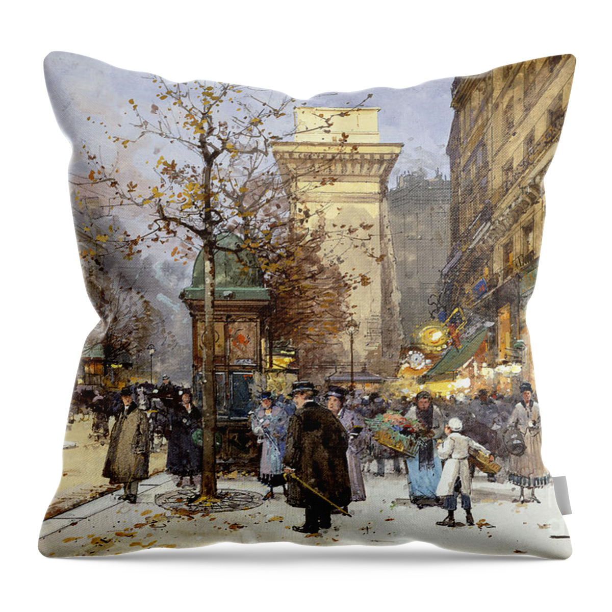1ere Arrondissement Throw Pillow featuring the painting Figures on Le Boulevard St. Denis at Twilight by Eugene Galien-Laloue