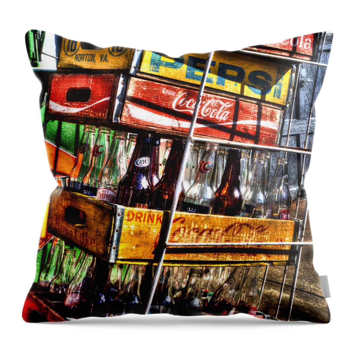 Soda Crates Throw Pillow featuring the photograph Filling Station Sodas by Michael Eingle
