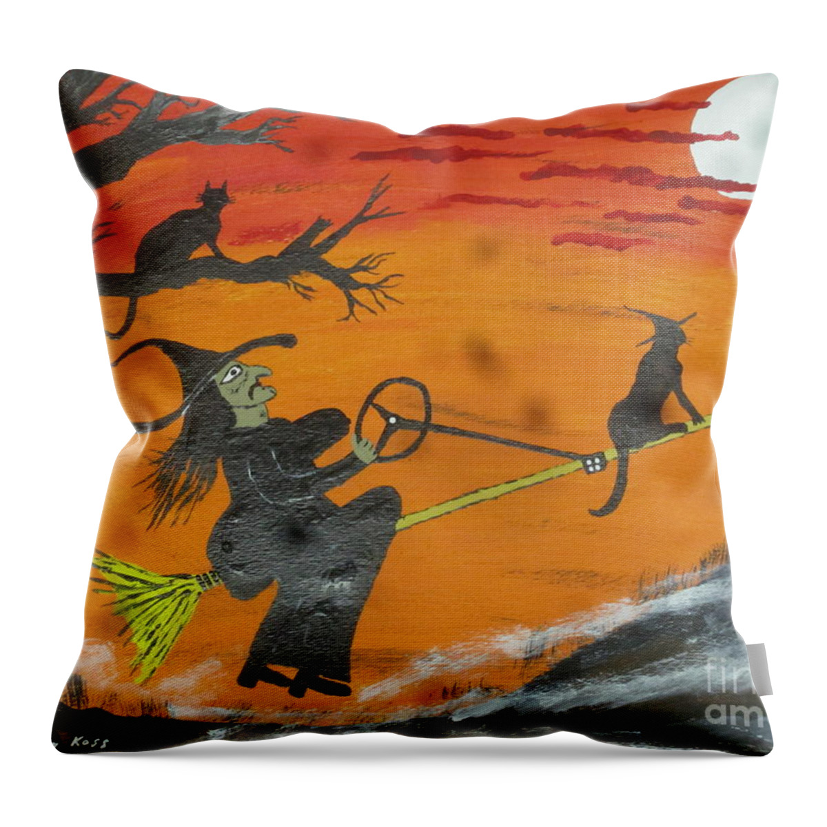 Power Steering Throw Pillow featuring the painting Power Steering Halloween Broom. by Jeffrey Koss