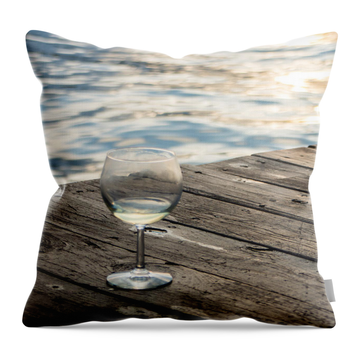 Glass Throw Pillow featuring the photograph Finger lakes wine tasting - Wine Glass on the Dock by Photographic Arts And Design Studio