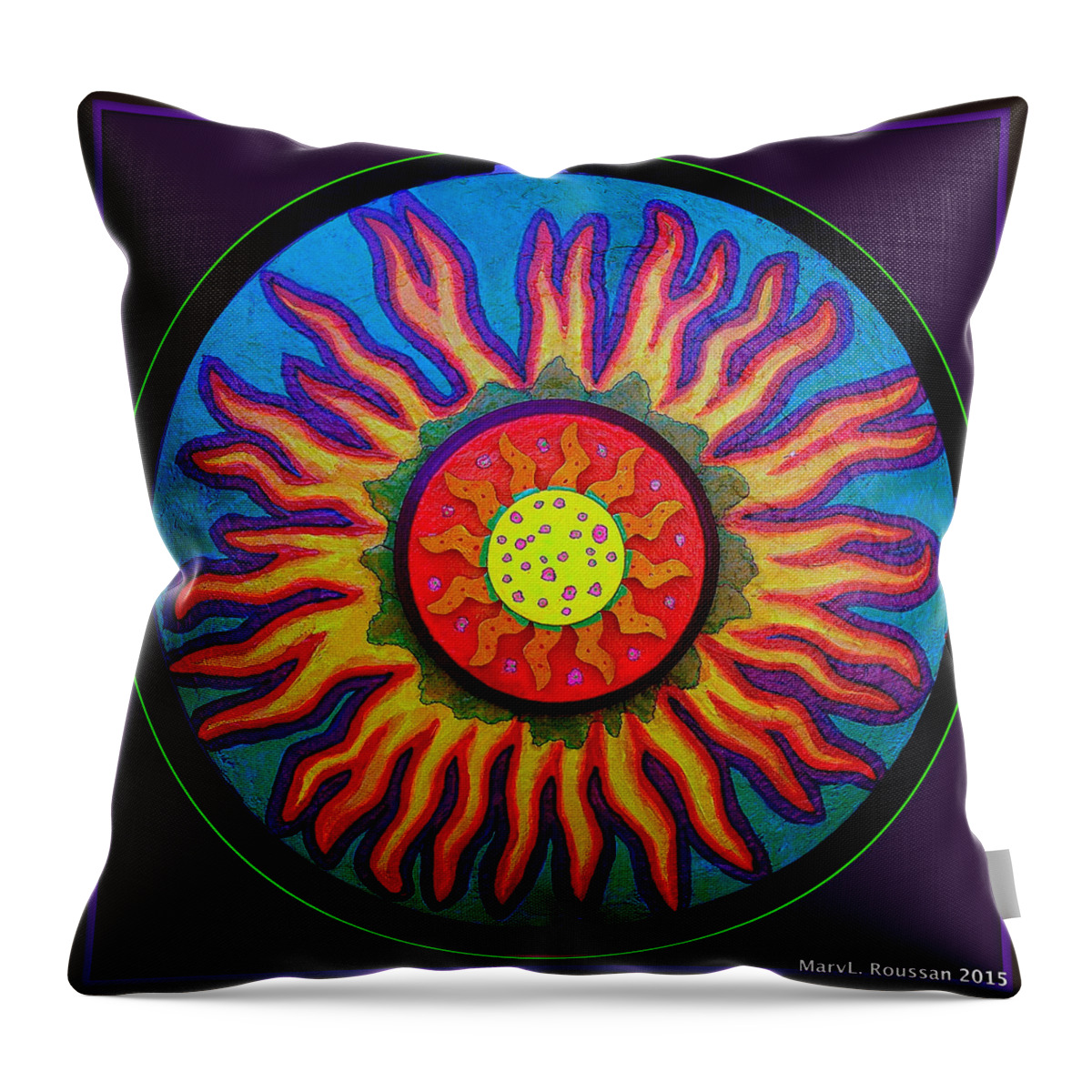 Flower Throw Pillow featuring the mixed media Fire Daisy by MarvL Roussan