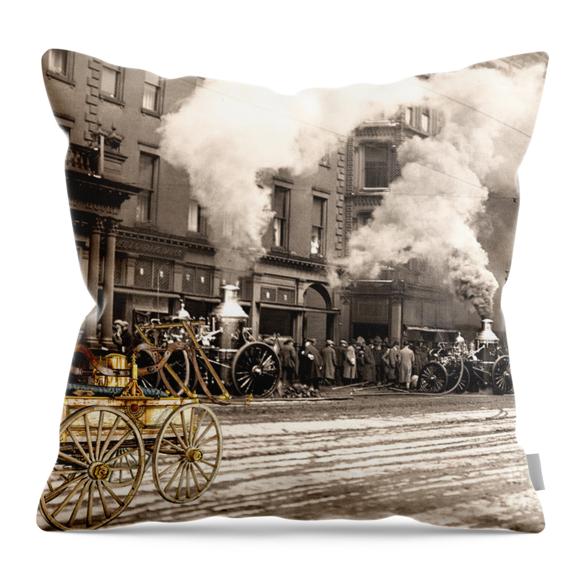 1890 Throw Pillow featuring the photograph Fire Truck in New York 1890 collage by Vincent Monozlay