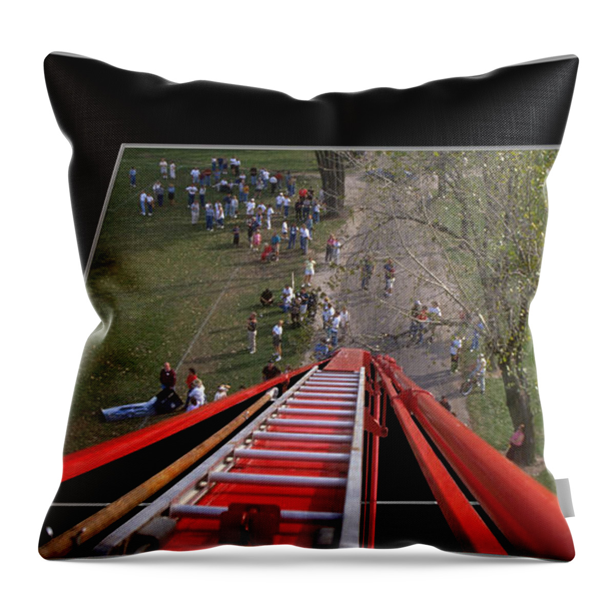 Hook And Ladder Throw Pillow featuring the photograph Fire Truck Ladder Out of Bounds by Thomas Woolworth
