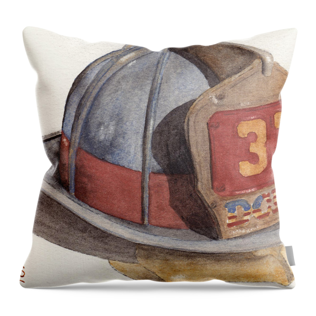 Fire Throw Pillow featuring the painting Firefighter Helmet With Melted Visor by Ken Powers