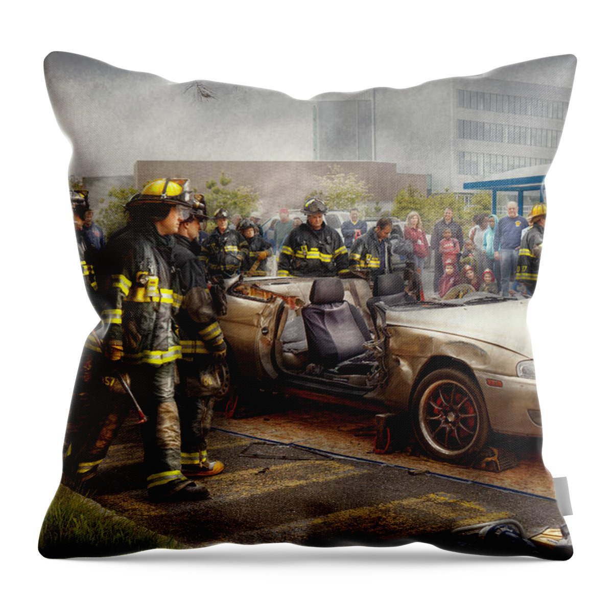 Fireman Throw Pillow featuring the photograph Firemen - The fire demonstration by Mike Savad