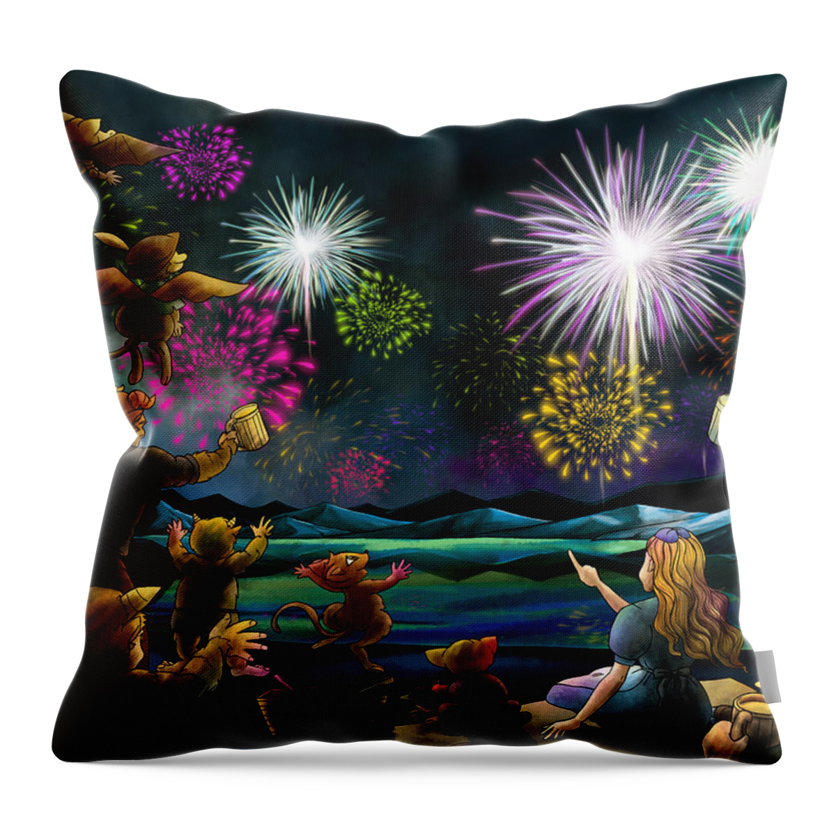 Wurtherington Throw Pillow featuring the painting Fireworks in Oxboar by Reynold Jay