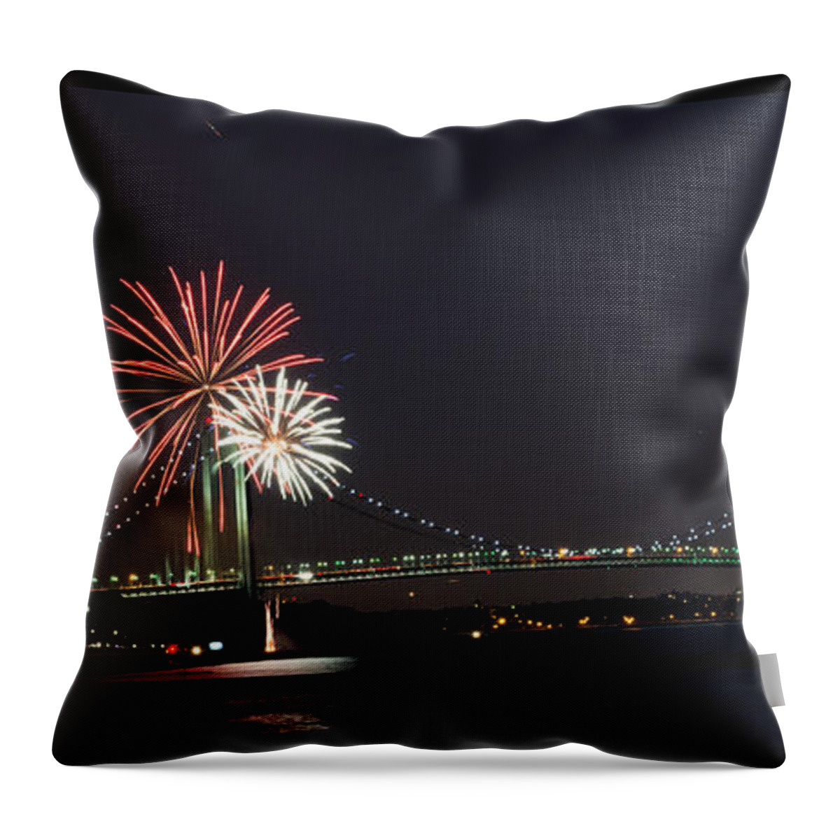 Fireworks Exploding Over The Verrazzano Narrows Bridge Throw Pillow featuring the photograph Fireworks over Verrazano Bridge by Kenneth Cole