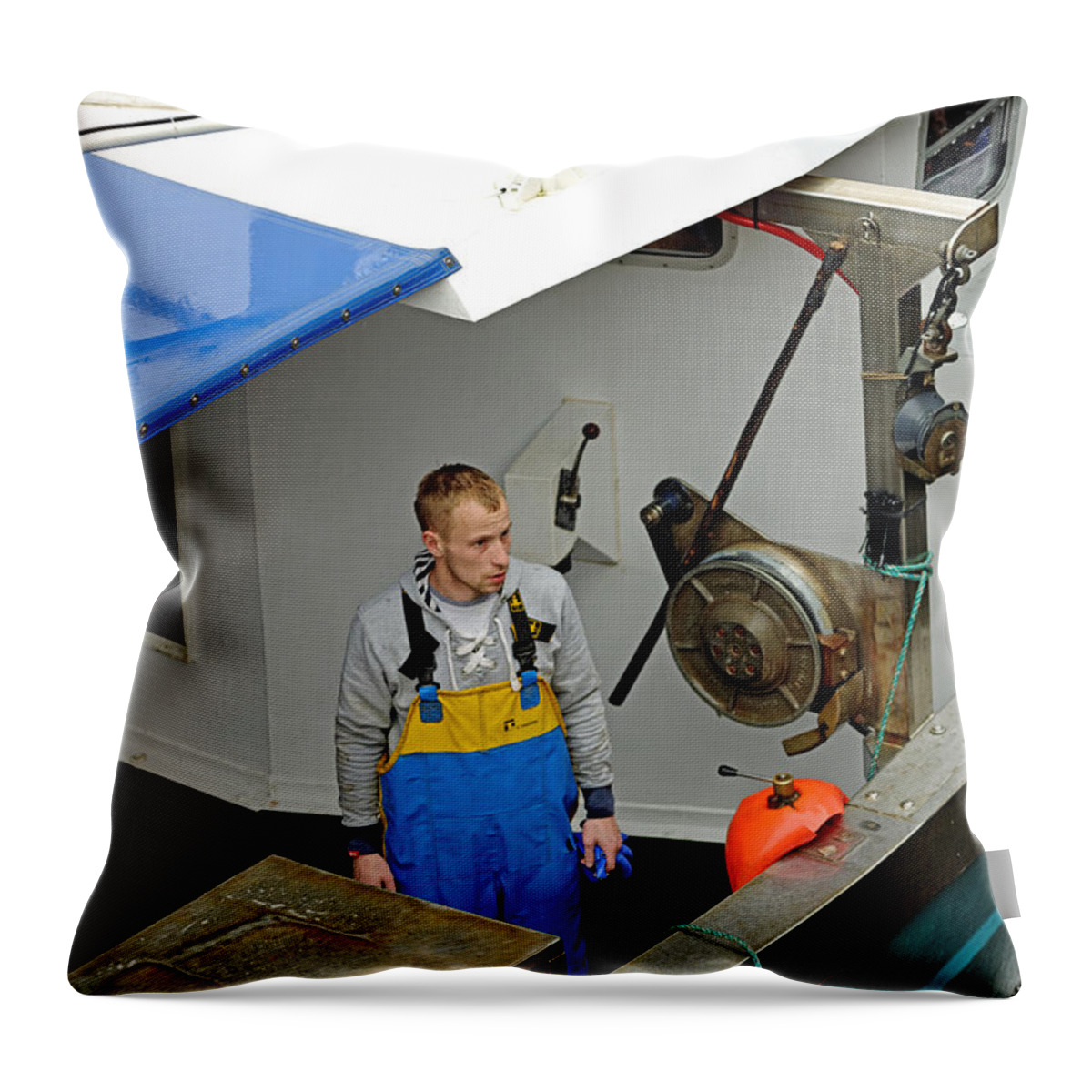 Britain Throw Pillow featuring the photograph Fisherman Aboard The Olivia Rose - Whitby by Rod Johnson