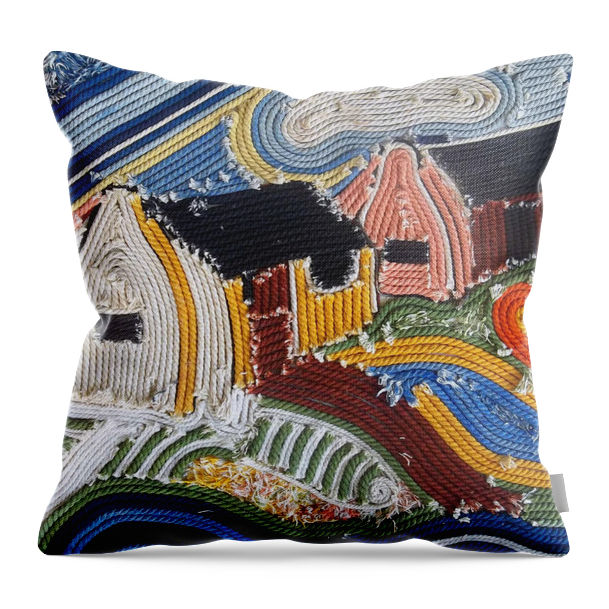 Fishing Village Throw Pillow featuring the mixed media Fishermans Cottages String Collage by Caroline Street