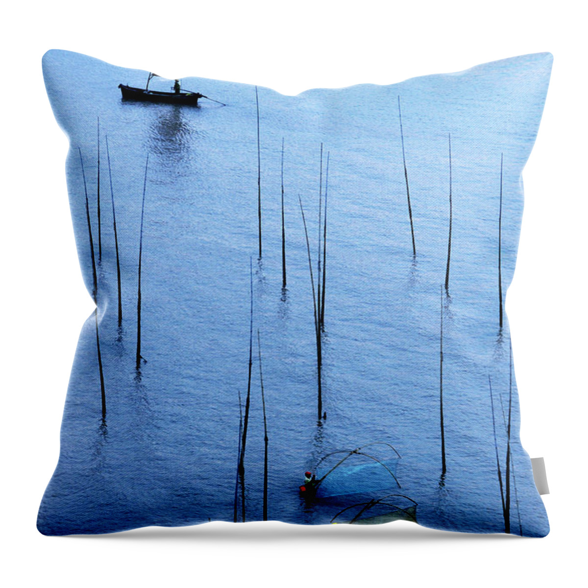 Working Throw Pillow featuring the photograph Fishermen Working In High-tide Mudflats by Melindachan