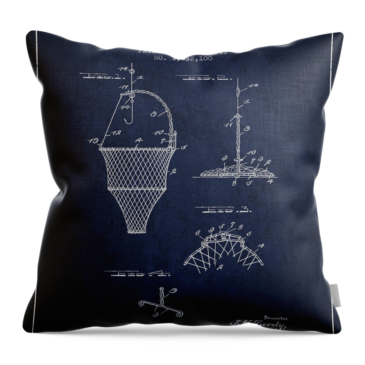 Fishing Net Throw Pillow featuring the digital art Fishing Tackle Patent from 1912 - Navy Blue by Aged Pixel