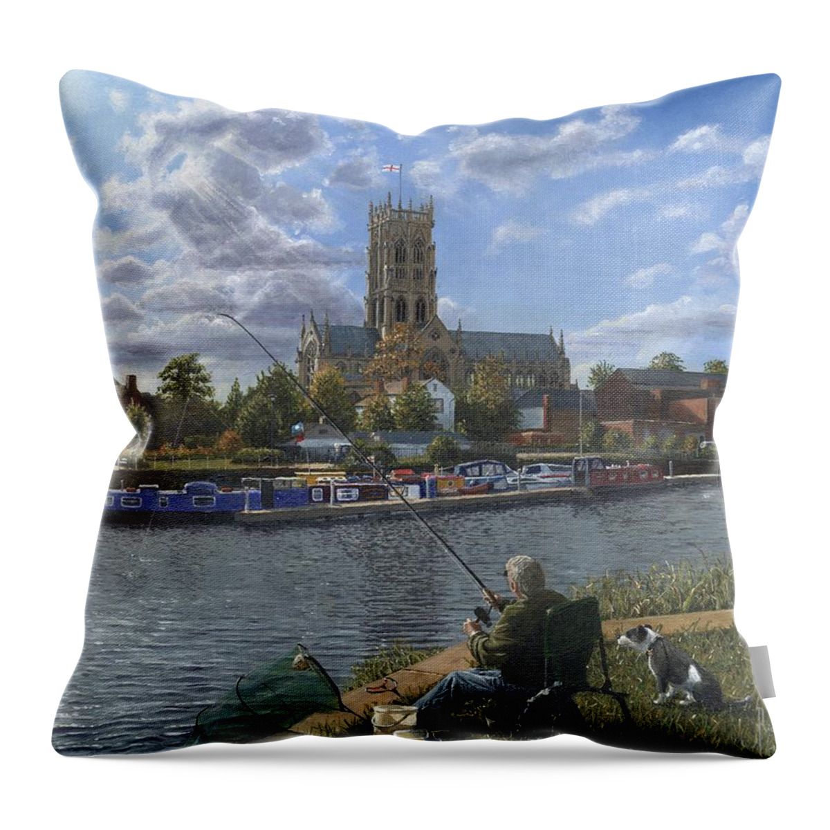 The Minster Church Of Saint George Throw Pillow featuring the painting Fishing with Oscar - Doncaster Minster by Richard Harpum