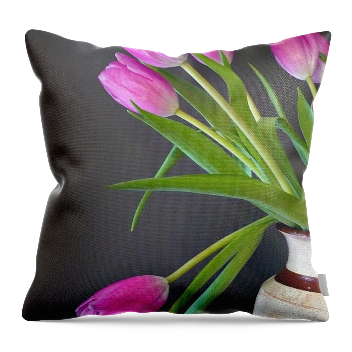Pink Tulips Throw Pillow featuring the photograph Five Pink Tulips in a Vase. by Jacqueline Milner