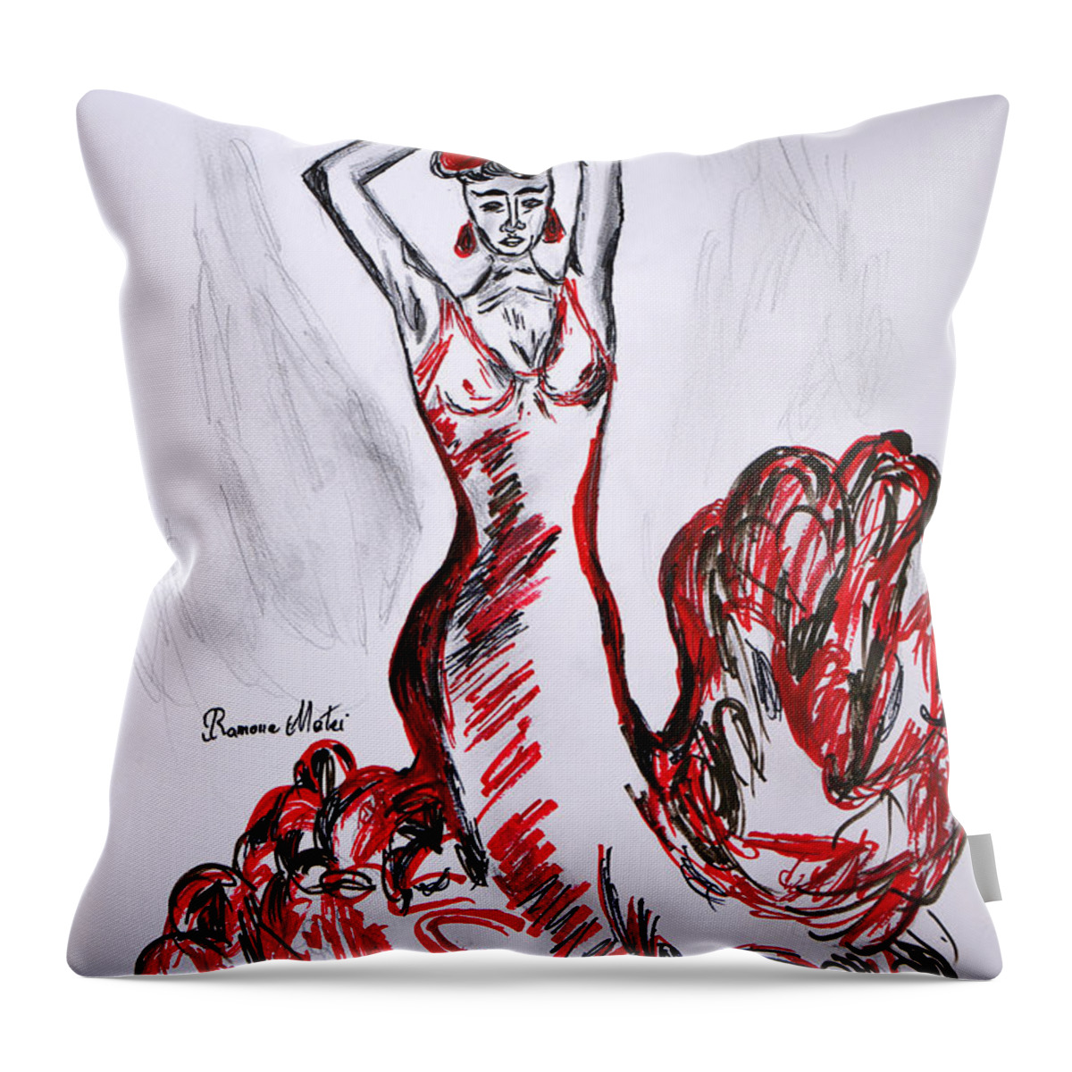 Flamenco Throw Pillow featuring the drawing Red Flamenco by Ramona Matei