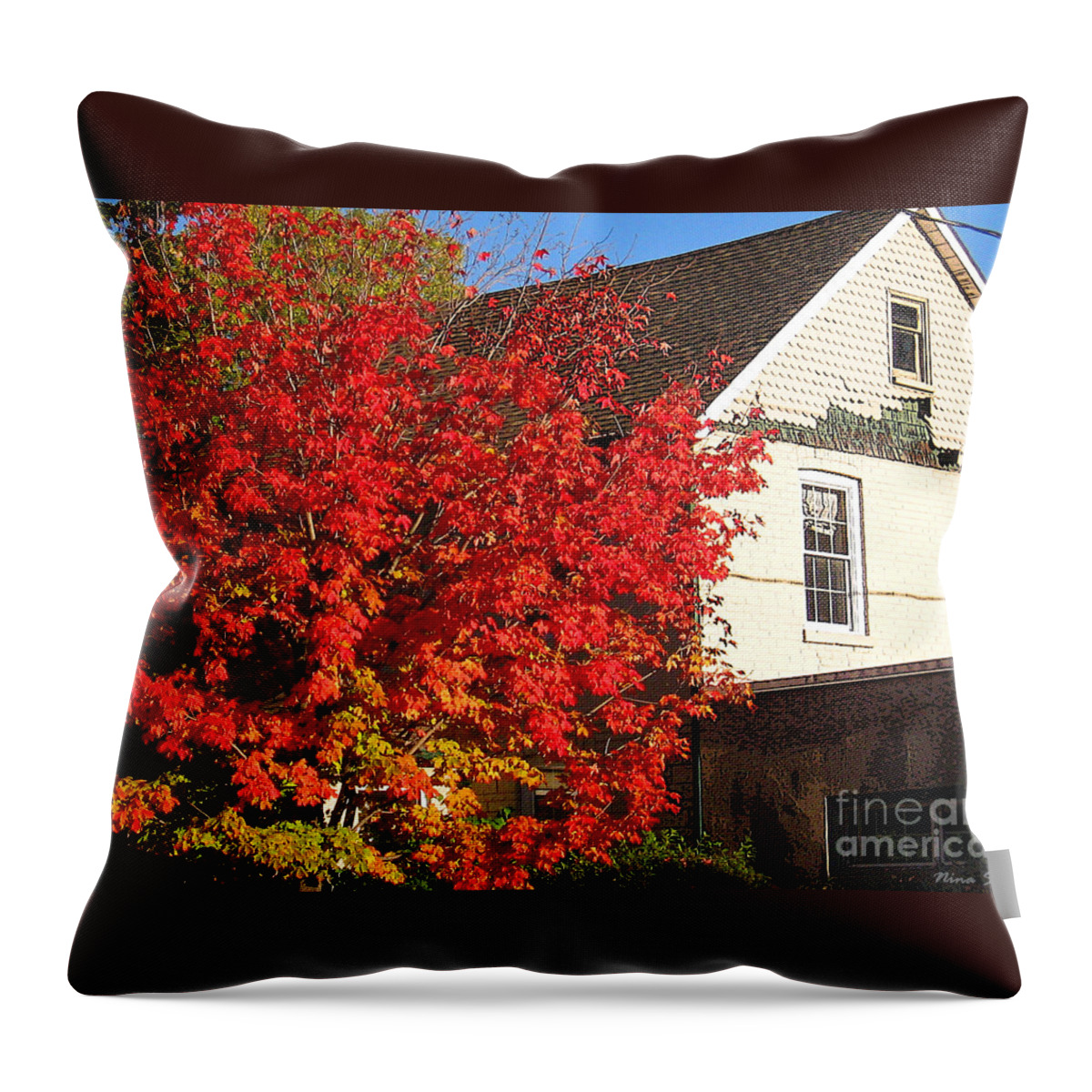 Fall Throw Pillow featuring the photograph Flaming fall colours on farm house by Nina Silver