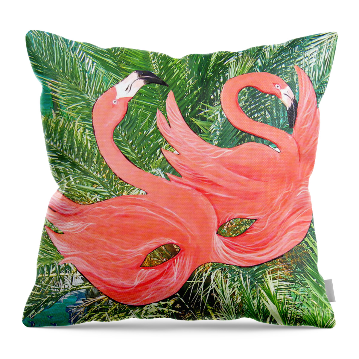 Flamingos Throw Pillow featuring the mixed media Flamingo mask 1 by Lizi Beard-Ward