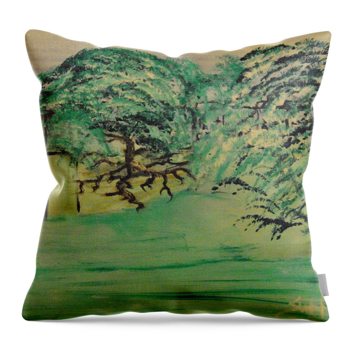 Green Trees Throw Pillow featuring the painting Floating Wonders by Suzanne Surber