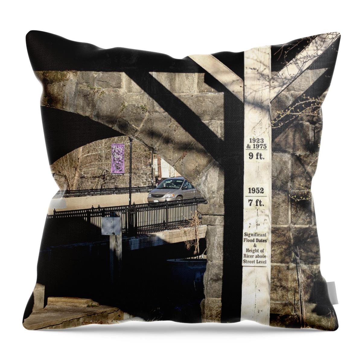Ellicott City Throw Pillow featuring the photograph Flood height sign at Ellicott City Maryland by William Kuta