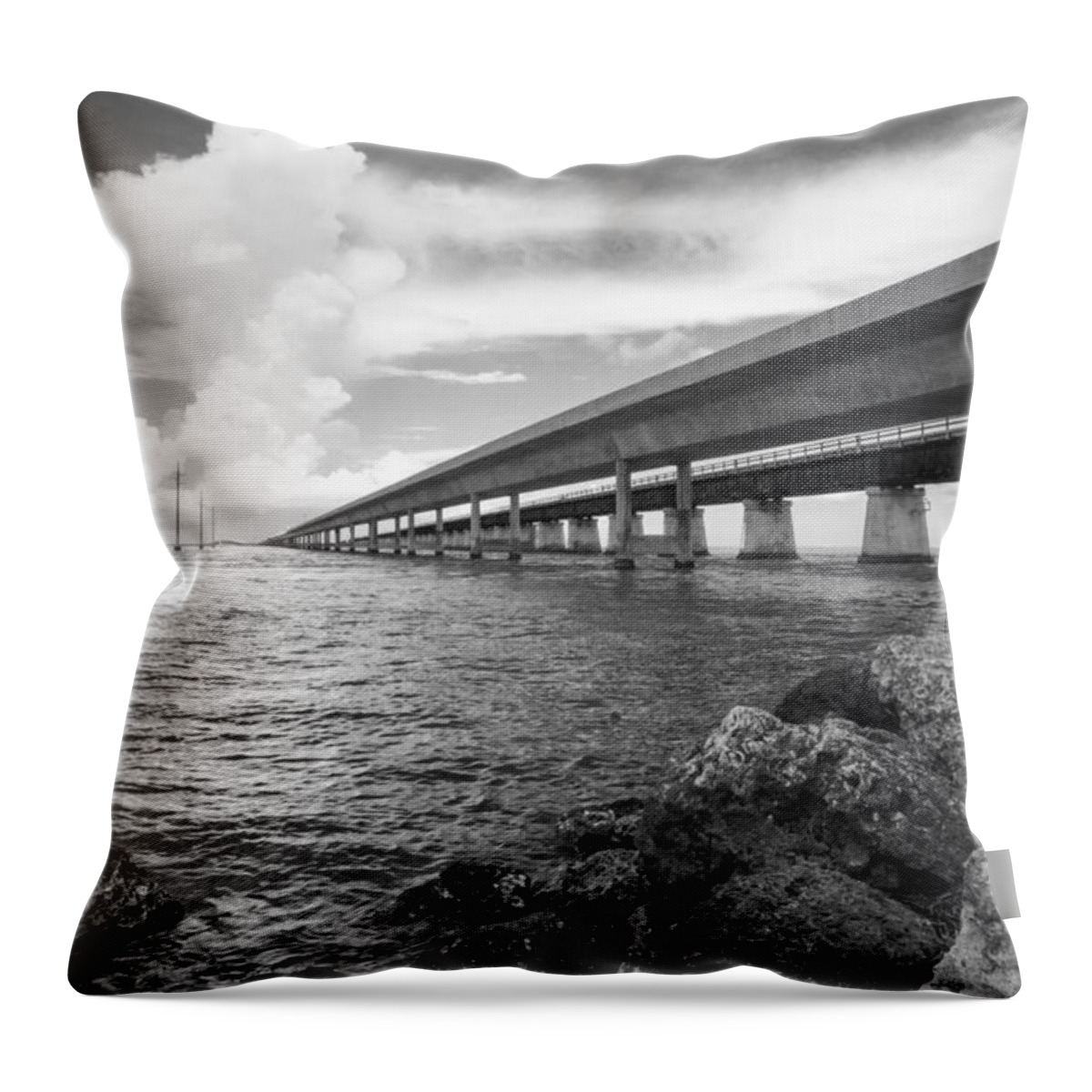 Florida Throw Pillow featuring the photograph Florida Keys Seven Mile Bridge South BW Vertical by Photographic Arts And Design Studio