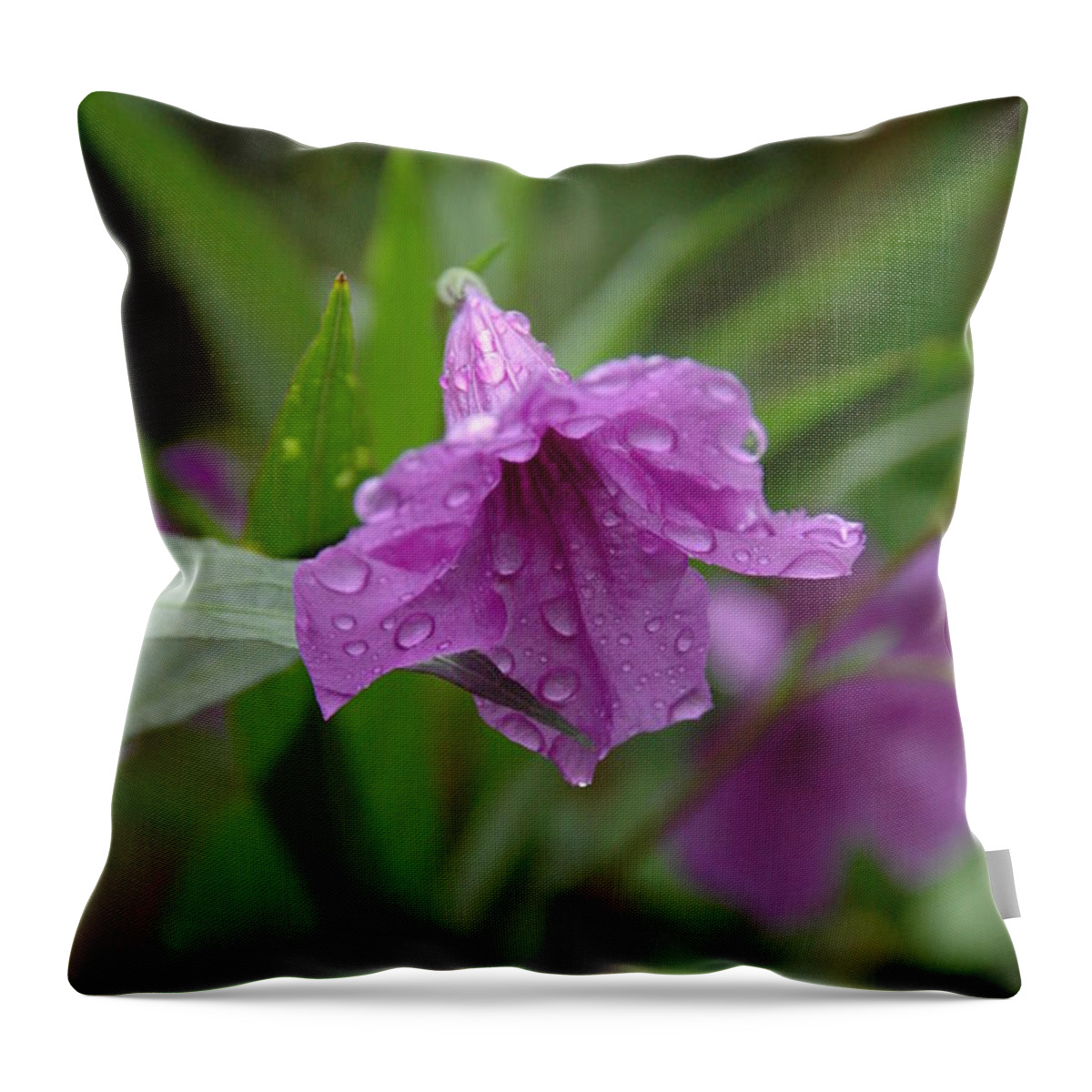 Rain On Purple Petunias Throw Pillow featuring the photograph Flower Bath by Pamela Smale Williams