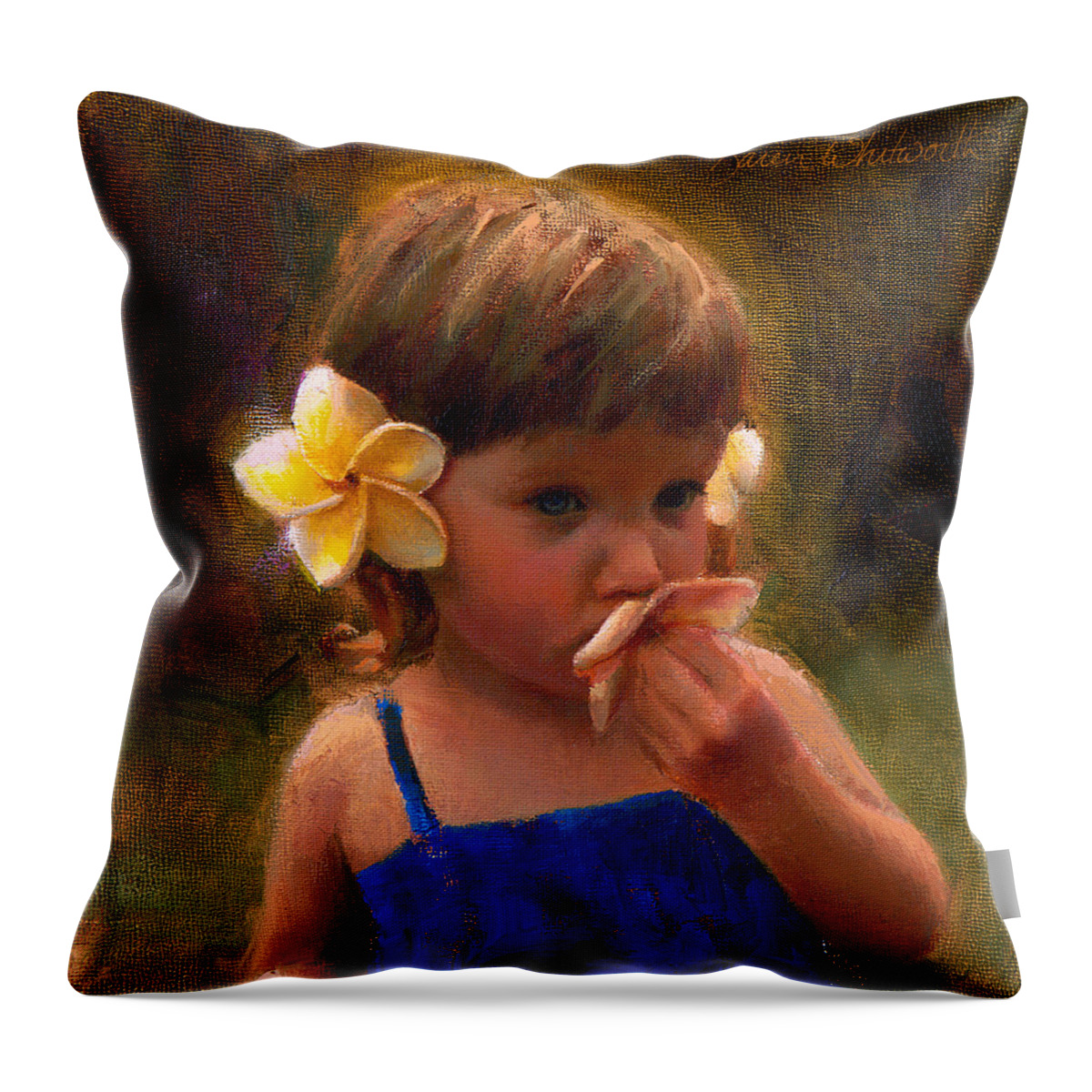 Plumeria Throw Pillow featuring the painting Flower Girl - Tropical Portrait with Plumeria Flowers by K Whitworth