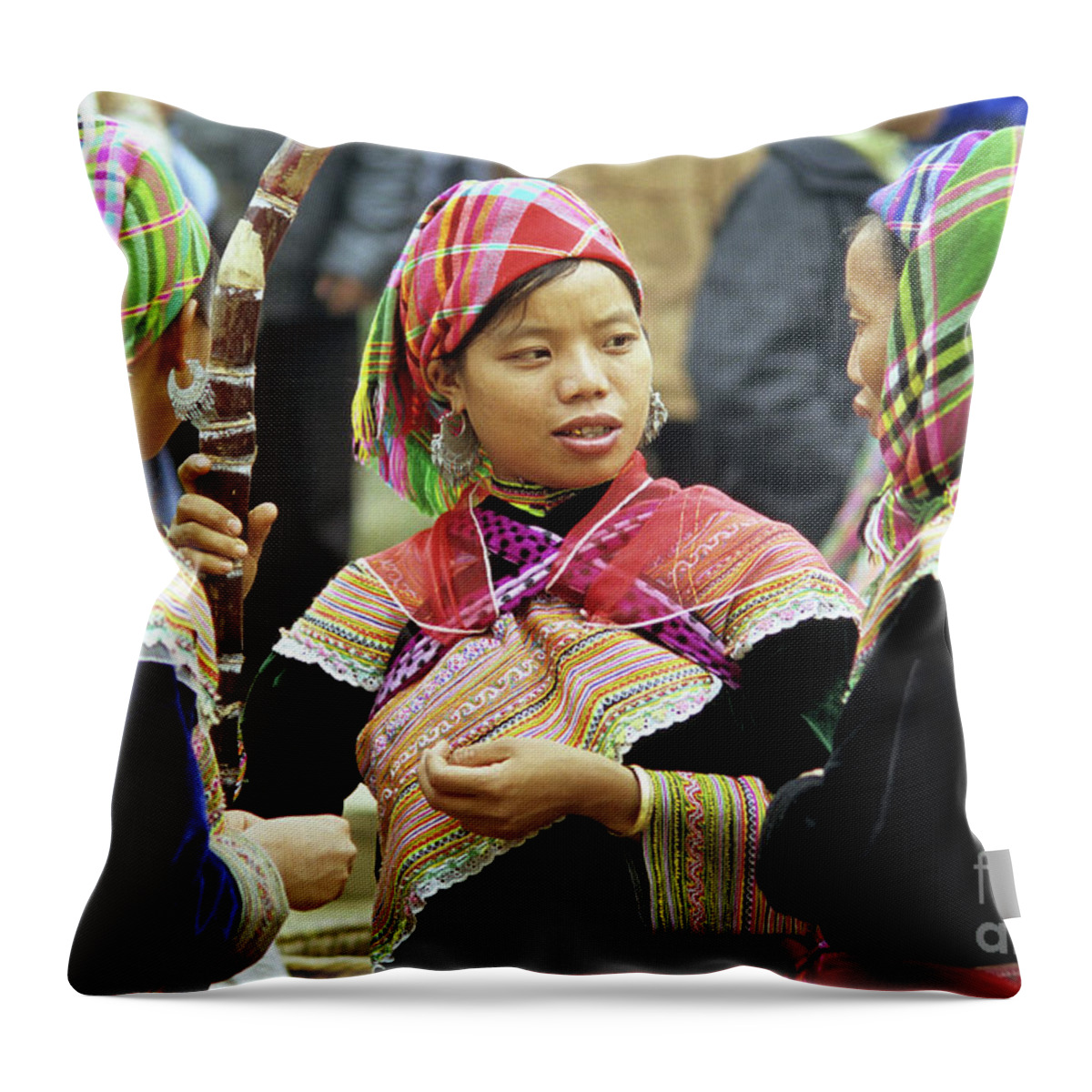 Vietnam Throw Pillow featuring the photograph Flower Hmong Women by Rick Piper Photography