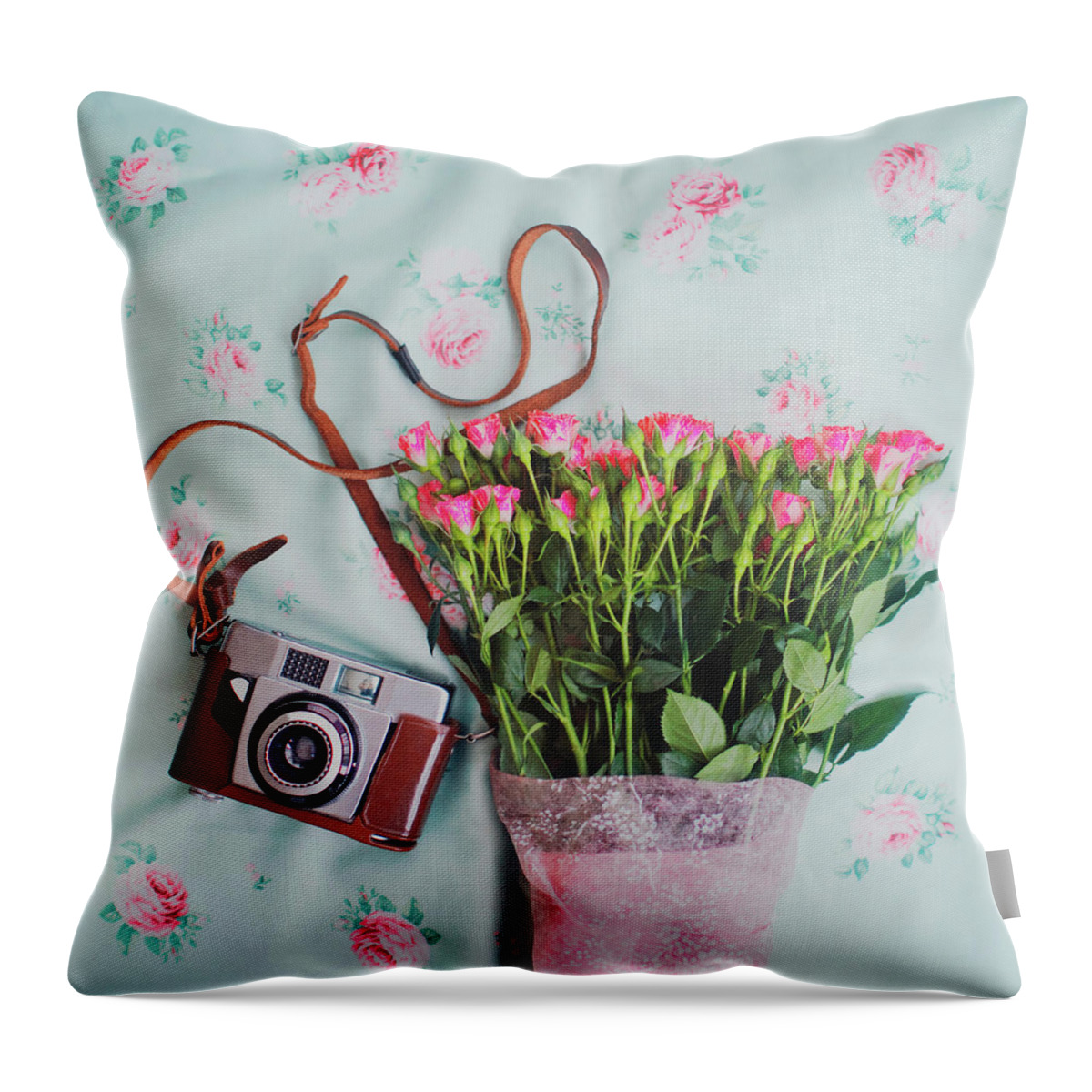 Fragility Throw Pillow featuring the photograph Flowers And A Camera by Julia Davila-lampe