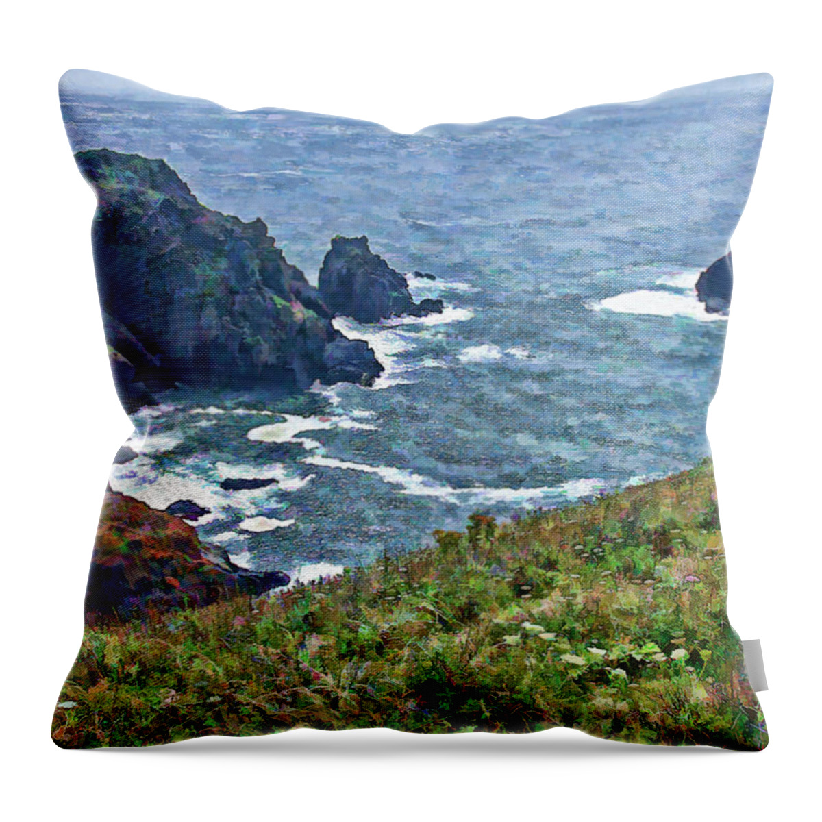 Guernsey Throw Pillow featuring the painting Flowers on Isle of Guernsey Cliffs by Bellesouth Studio