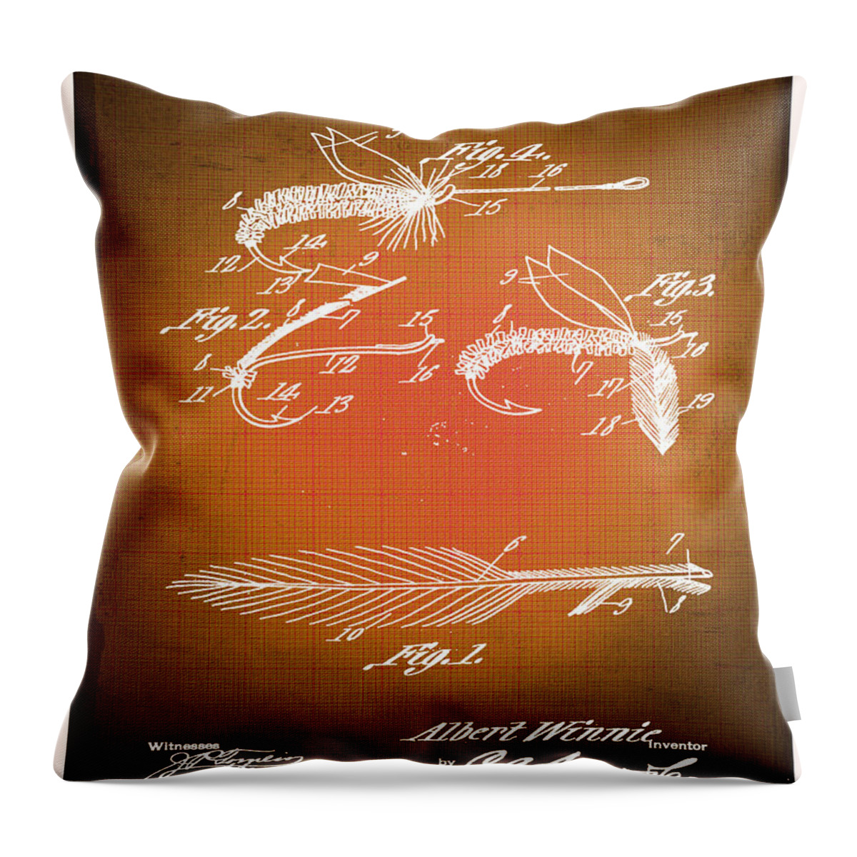 Artificial Fishing Bait Throw Pillow featuring the mixed media Fly Fishing Bait Patent Blueprint Drawing Sepia by Tony Rubino