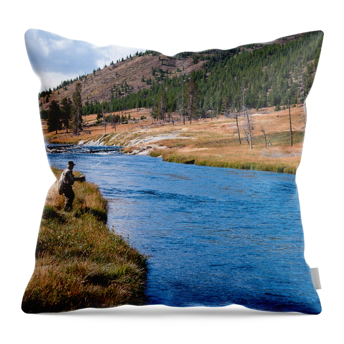 Wyoming Throw Pillow featuring the photograph Fly Fishing in Yellowstone by Lars Lentz