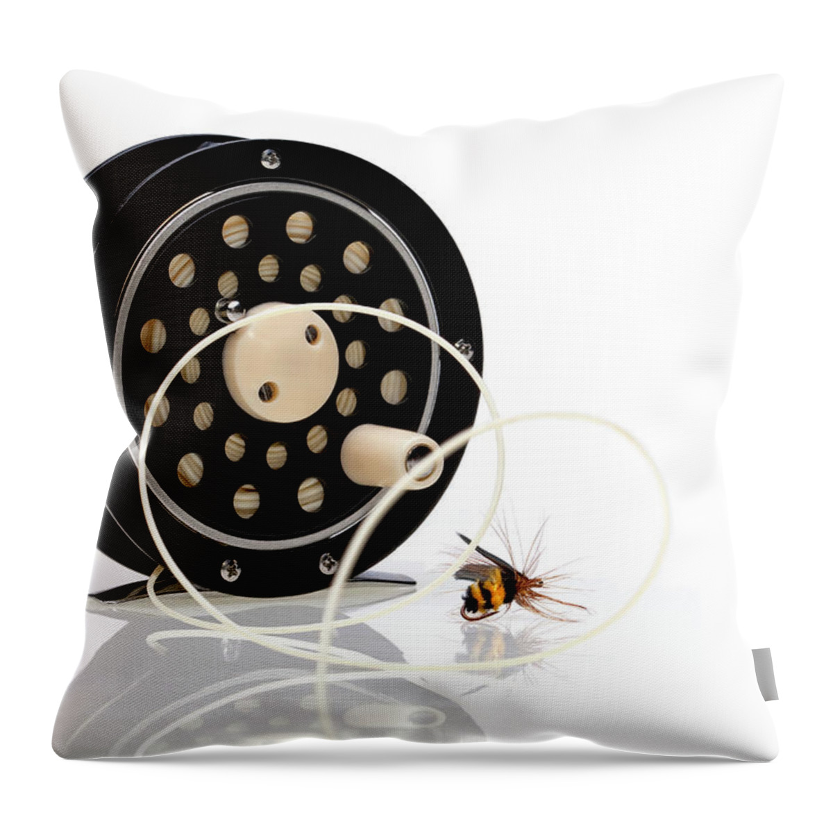 Black Throw Pillow featuring the photograph Fly Fishing Reel with Fly by Tom Mc Nemar