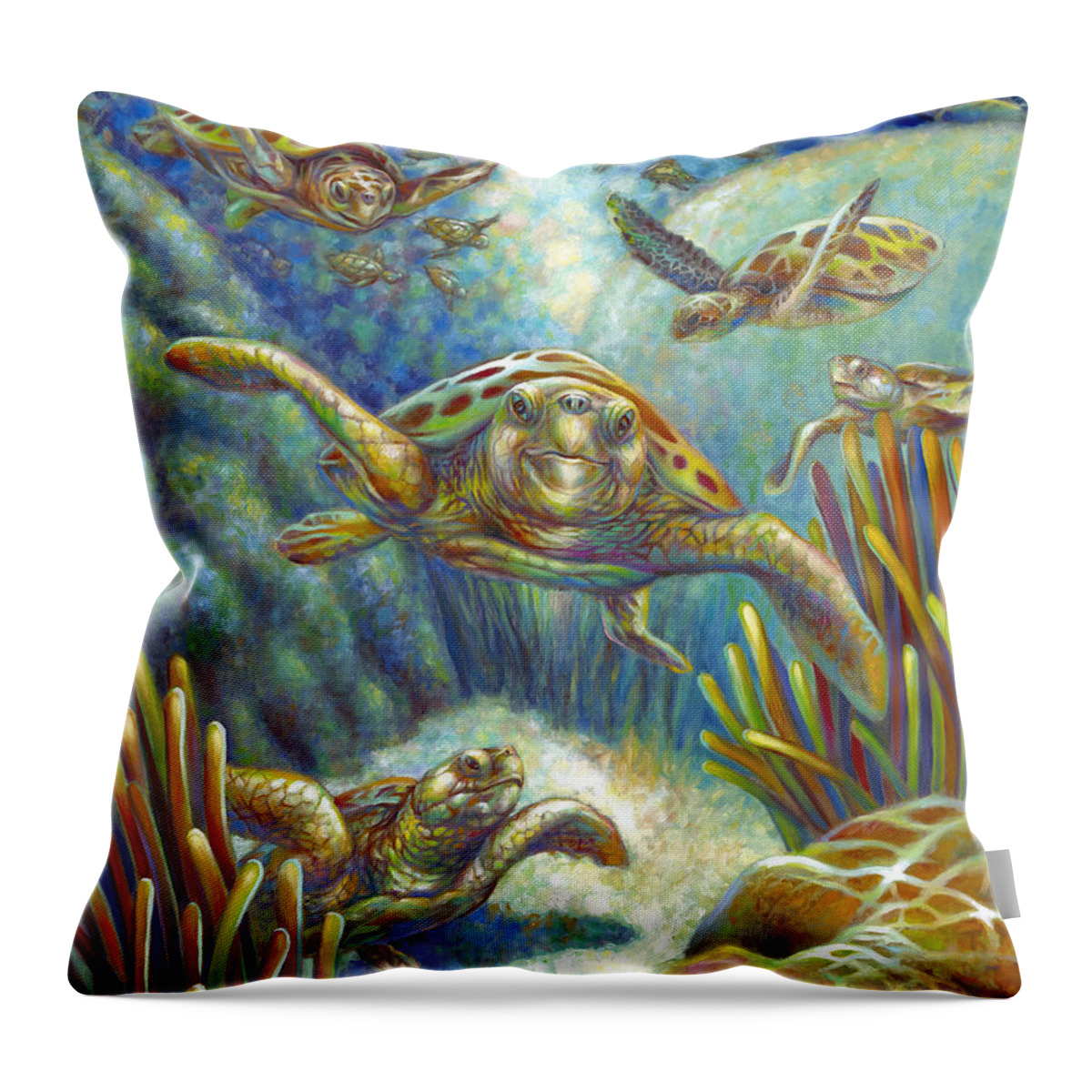 Loggerhead Throw Pillow featuring the painting Flying Loggerhead Turtles by Nancy Tilles