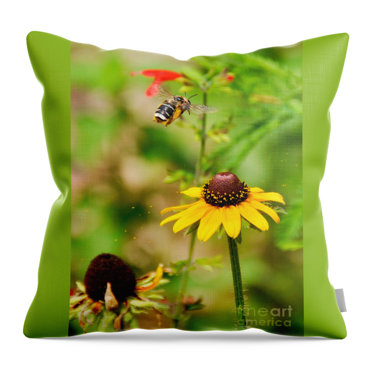 Bee Throw Pillow featuring the photograph Flying Pollen by Cheryl McClure