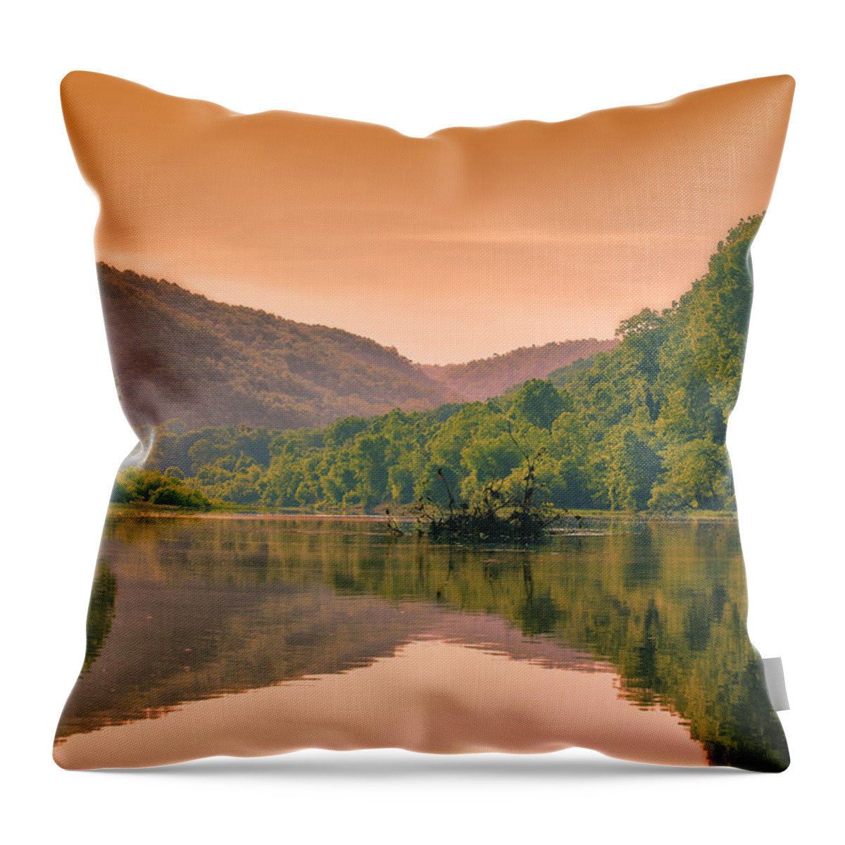 Sunset Throw Pillow featuring the photograph Foggy Morning Sunrise Along Buffalo River by Bill and Linda Tiepelman