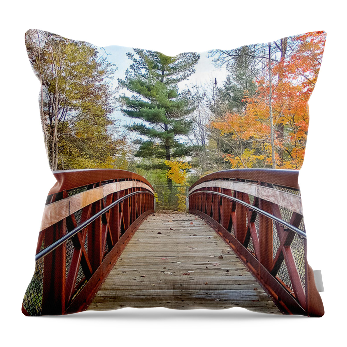 Michigan Throw Pillow featuring the photograph Foot Bridge in Fall by Lars Lentz