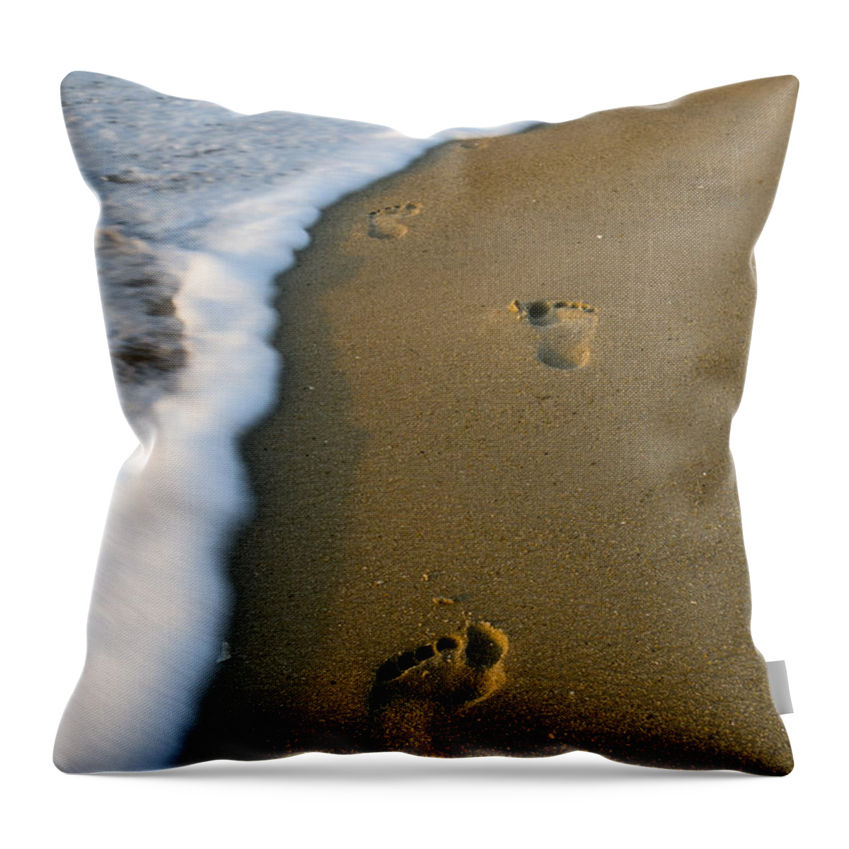  Atlantic Ocean Throw Pillow featuring the photograph Foot Prints in the Sand by Crystal Wightman