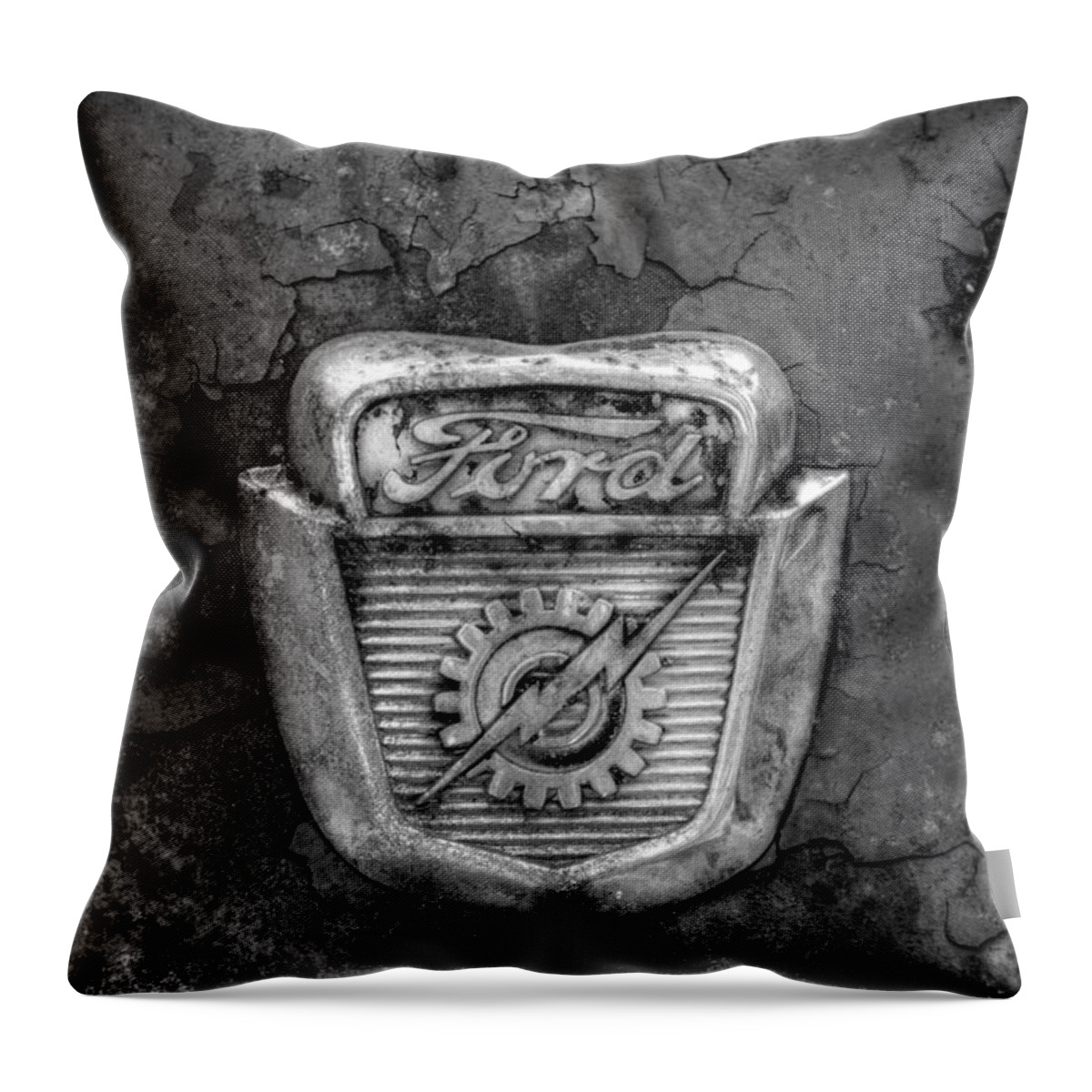 Ford Throw Pillow featuring the photograph Ford Gear and Lightning in Black and White by Greg and Chrystal Mimbs