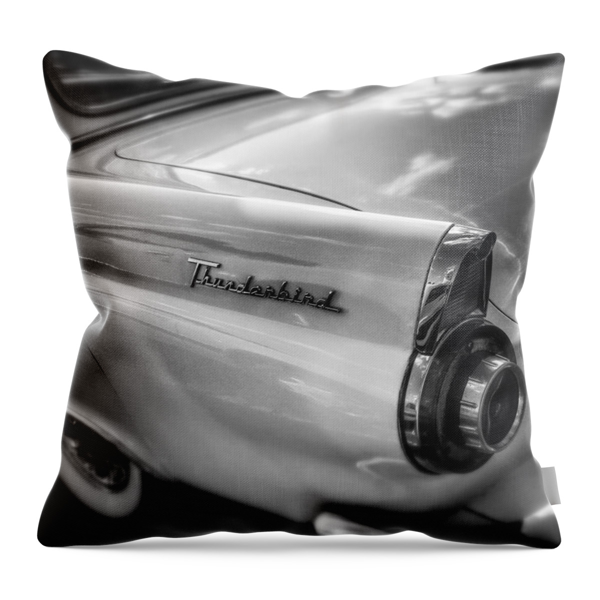 Car Auto Classic Blacknwhite Bnw Ford Thunderbird Photo Scoobydrew81 Antique Refection Light Automobile Road Travel Carshow Fender Wheels Andrew Rhine Carshow Art Reflection Throw Pillow featuring the photograph Ford Thunderbird BW 1 by Andrew Rhine