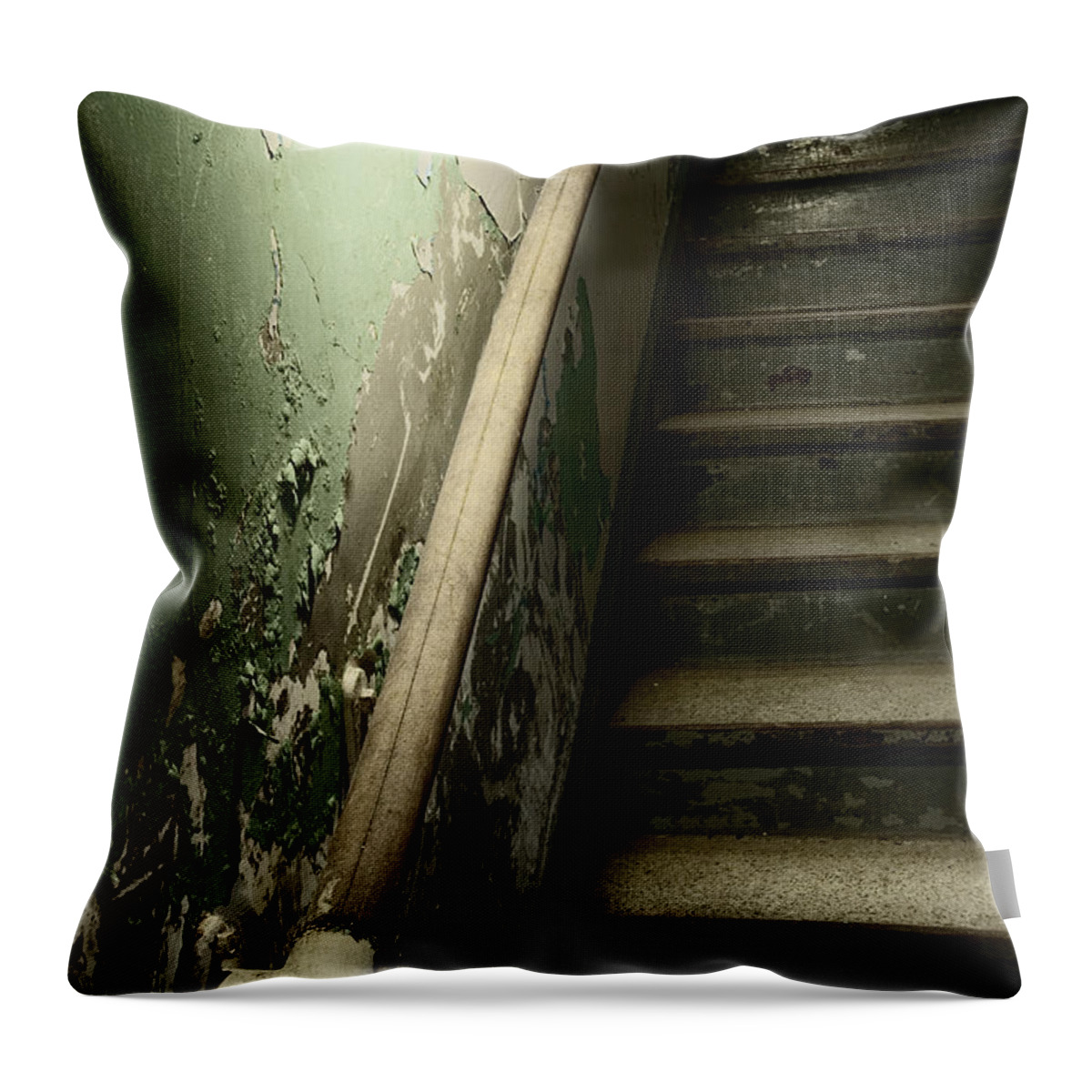 Stairs; Steps; Hall; Foyer; House; Home; Empty; Broken; Foreboding; Desolate; Alone; Death; Mysterious; Mystery; Eerie; Wood; Tile; Dirty; Old; Grunge; Interior; Inside; Indoors; Abandoned; Creepy; Danger; Dark; Door; Paint; Painted; Peeling; Chipped; Dark; Darkness Throw Pillow featuring the photograph Foreboding by Margie Hurwich
