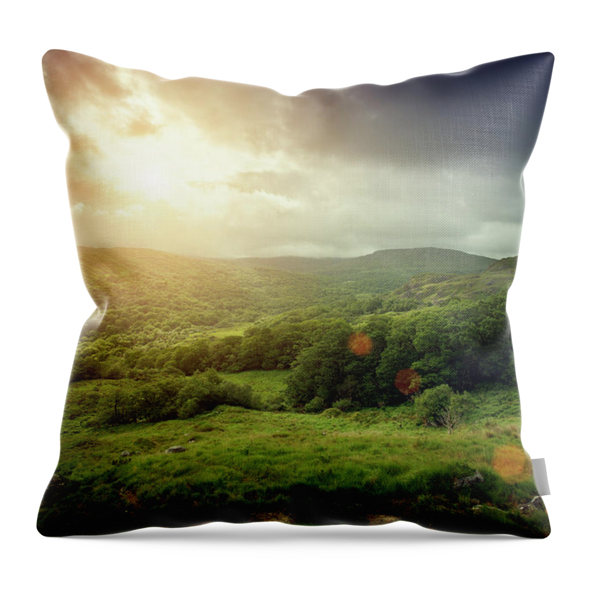 Scenics Throw Pillow featuring the photograph Forest Covered Mountains At Sunrise by Mammuth