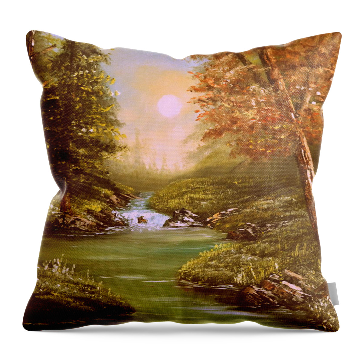 A Day Time Scene Of A Forest With Evergreen Trees Throw Pillow featuring the painting Forest Stream by Martin Schmidt