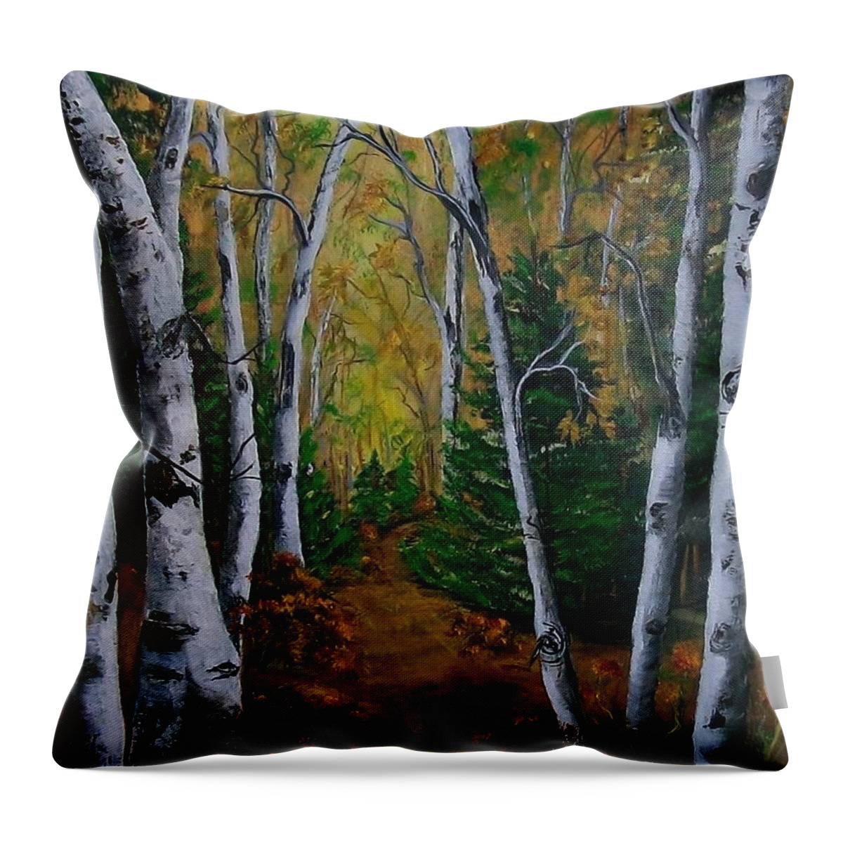 Season Throw Pillow featuring the painting Birch Tree Forest Trail by Sharon Duguay