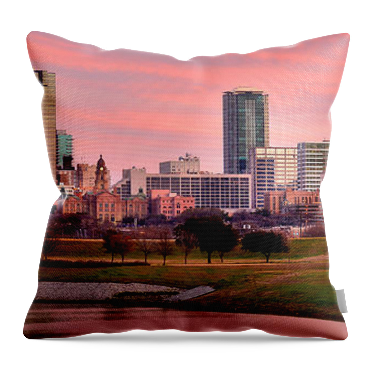 Fort Worth Skyline Throw Pillow featuring the photograph Fort Worth Skyline at Dusk Evening Color Evening Panorama Ft Worth Texas by Jon Holiday