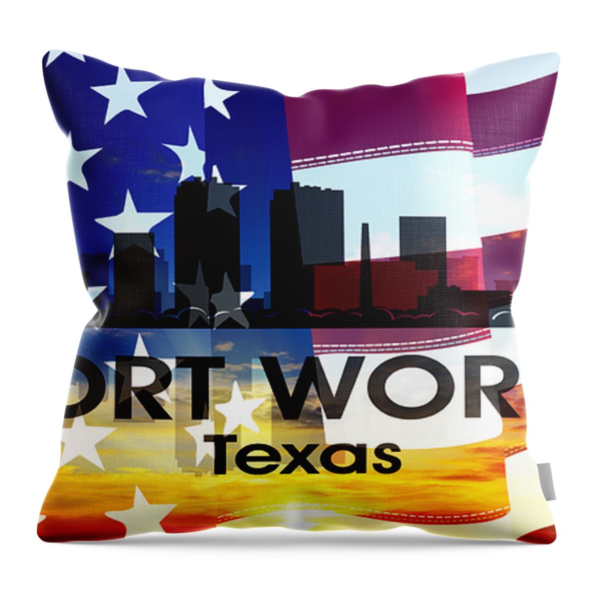 Fort Worth Throw Pillow featuring the mixed media Fort Worth TX Patriotic Large Cityscape by Angelina Tamez