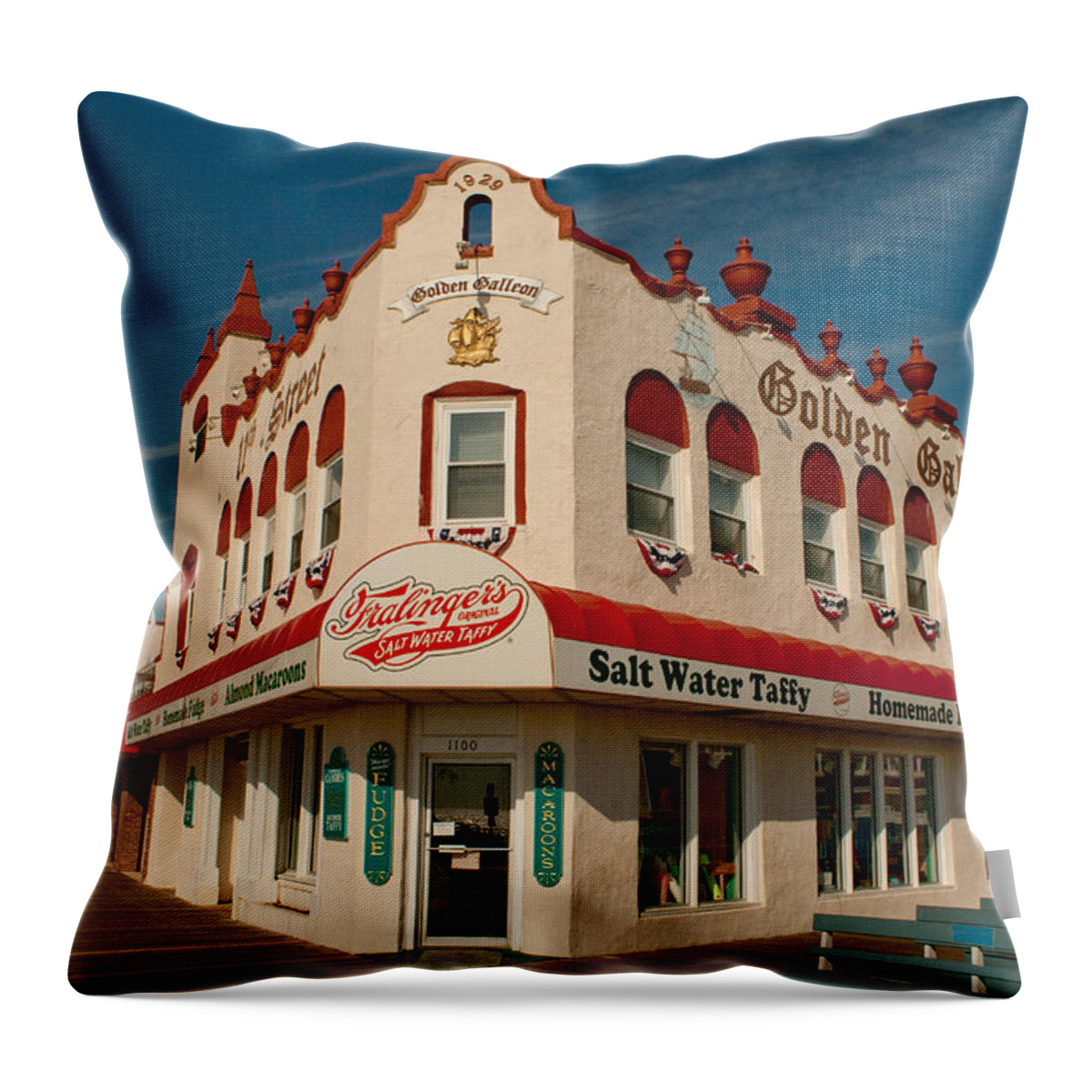 Ocean City Throw Pillow featuring the photograph Fralinger's - Golden Galleon by Kristia Adams
