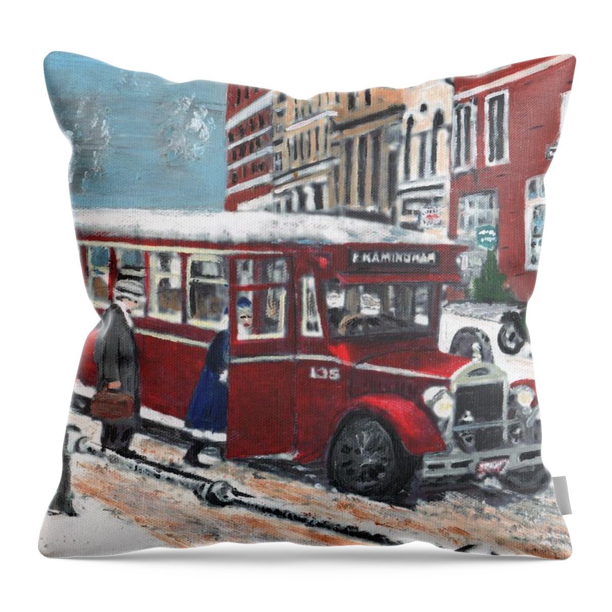 Vintage Bus Throw Pillow featuring the painting Framingham Bus by Cliff Wilson