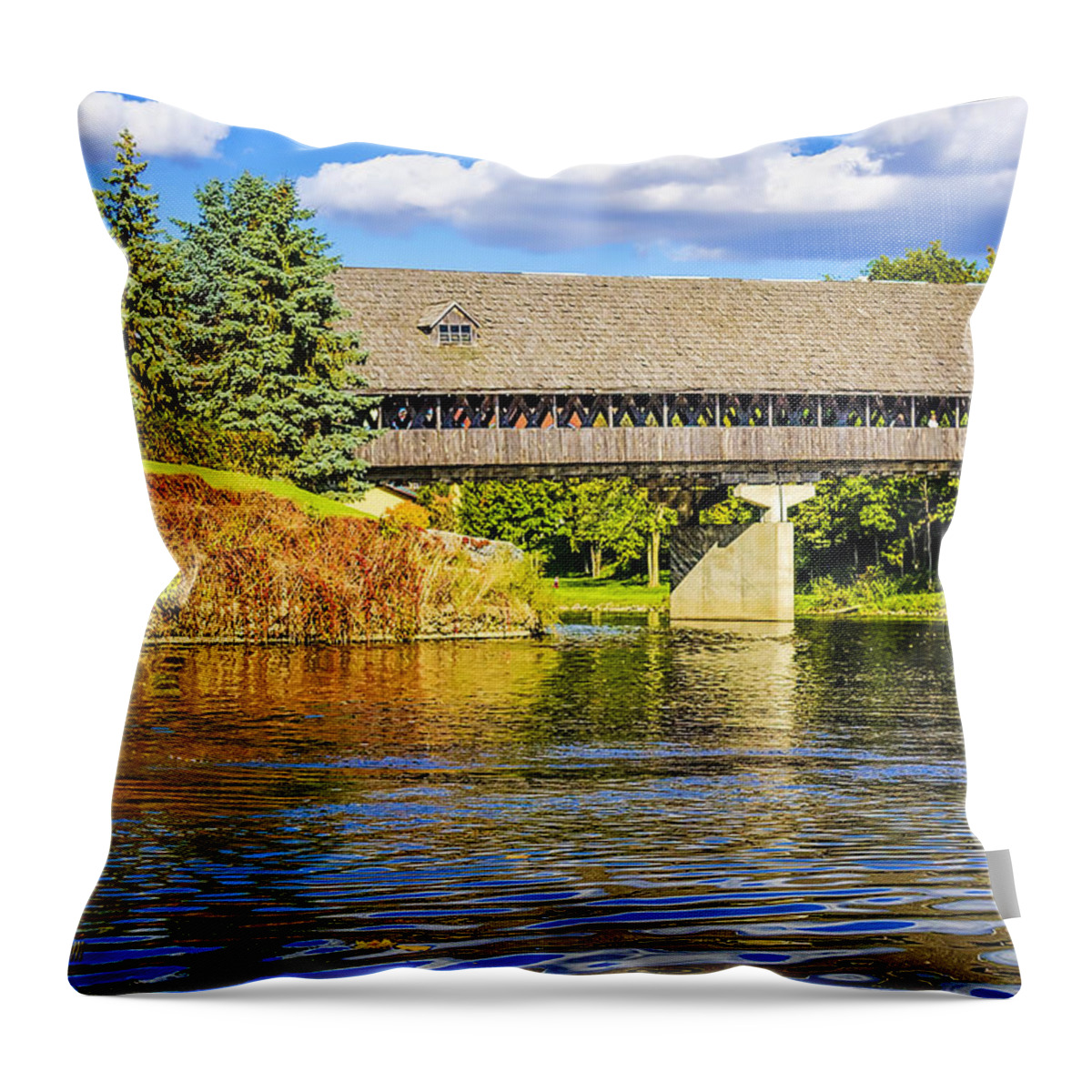 Color Tour Throw Pillow featuring the photograph Frankenmuth Covered Bridge by LeeAnn McLaneGoetz McLaneGoetzStudioLLCcom