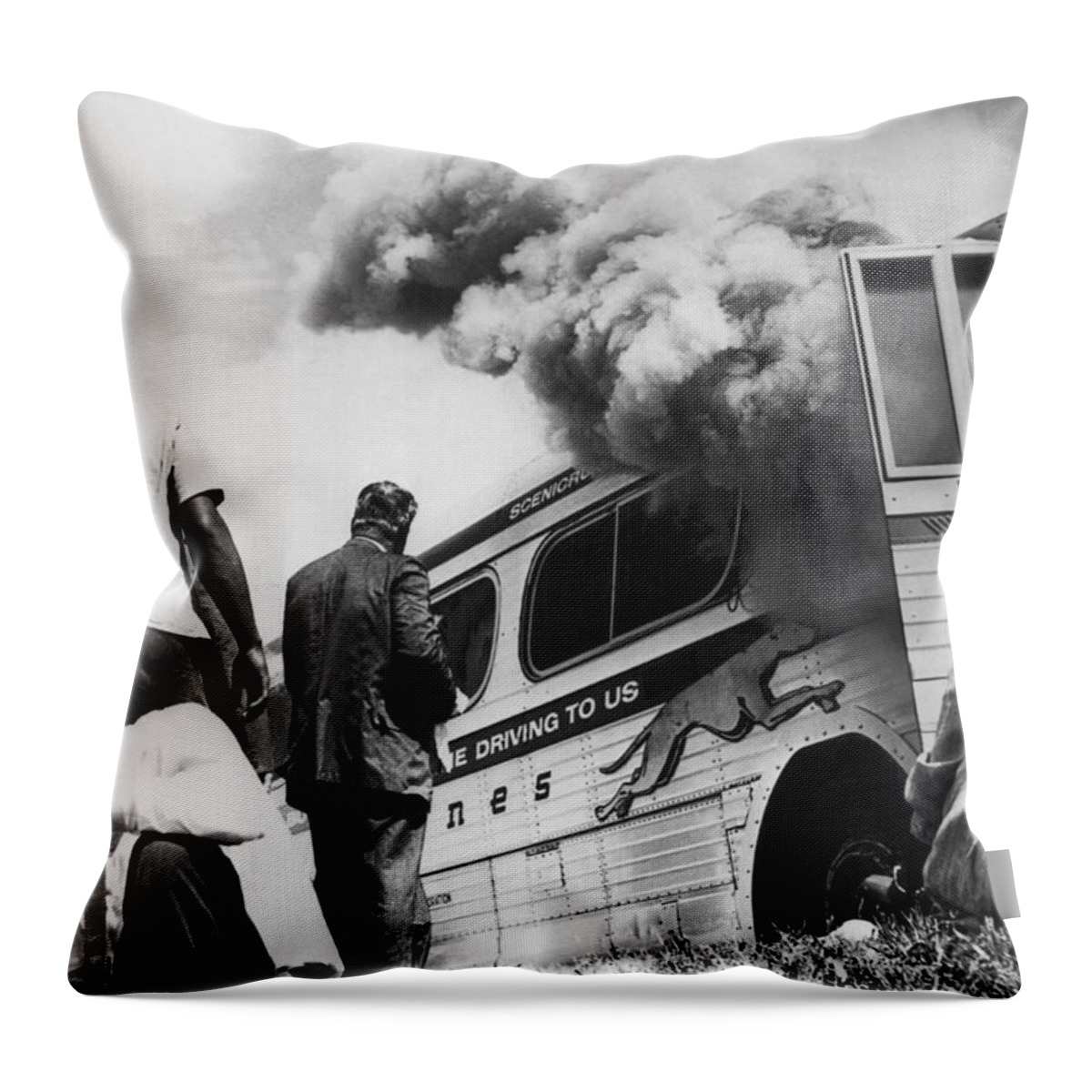 1961 Throw Pillow featuring the photograph Freedom Riders Bus Burned by Underwood Archives