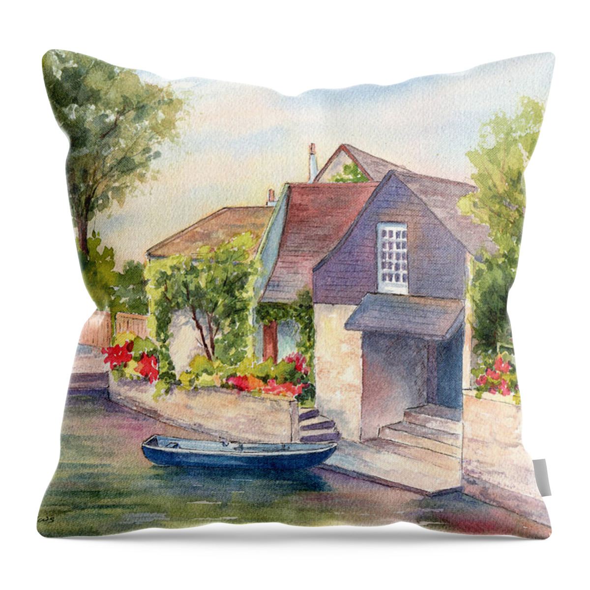French Throw Pillow featuring the painting French Boathouse Azay le Rideau by Vikki Bouffard